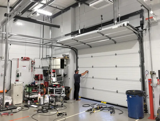 Winchester Garage Door Repair certified technician performing commercial door repair at a Winchester business facility